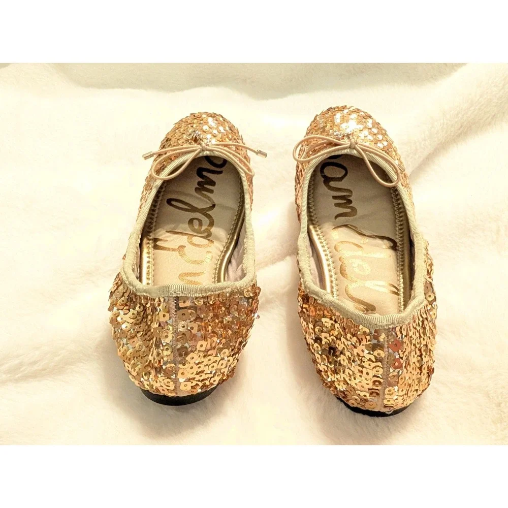 Sam Edelman Gold Sequin Ballet Flats Embellished Bow Sparkle Party Shoes Girls 2